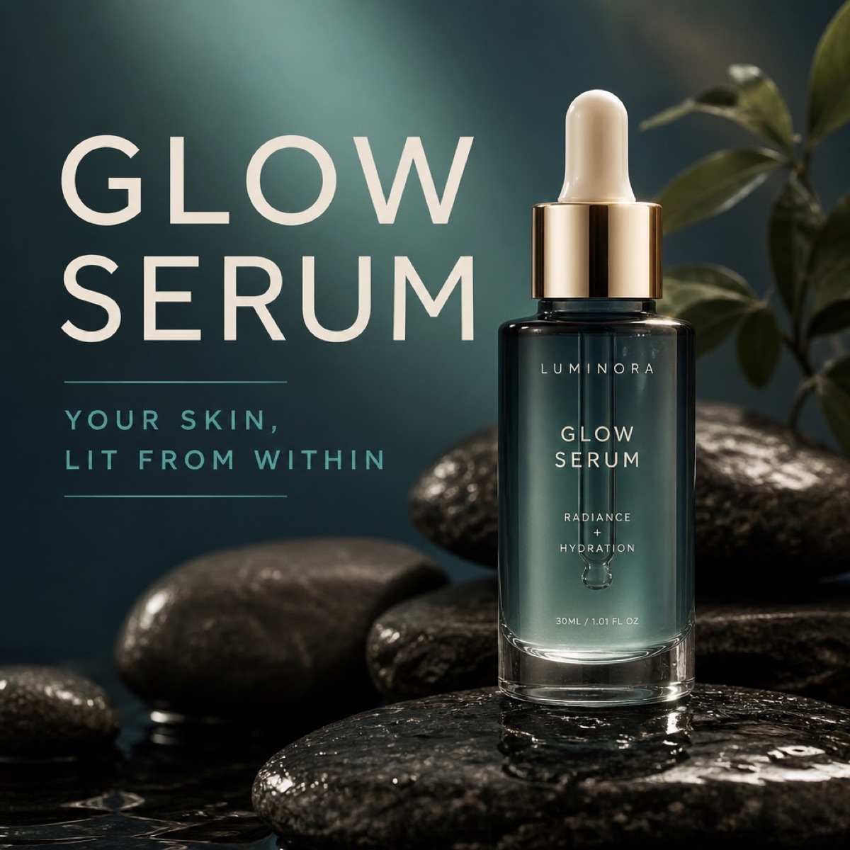 Example ad for a glow serum bottle